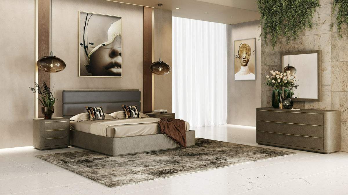 Lois Modern Grey Leather & Beige Shagreen Bedroom Set