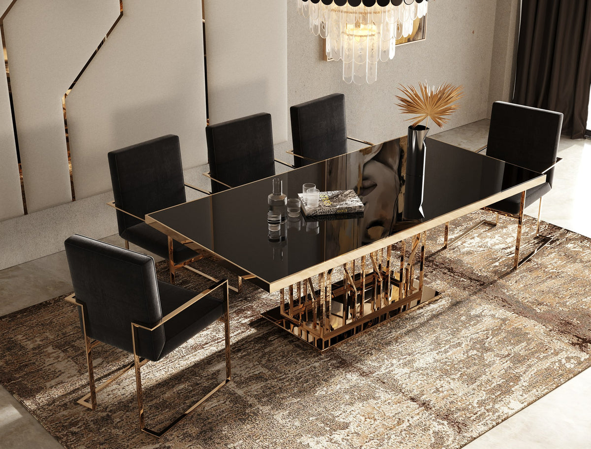 Marston Modern Black Glass & Rosegold Dining Table
