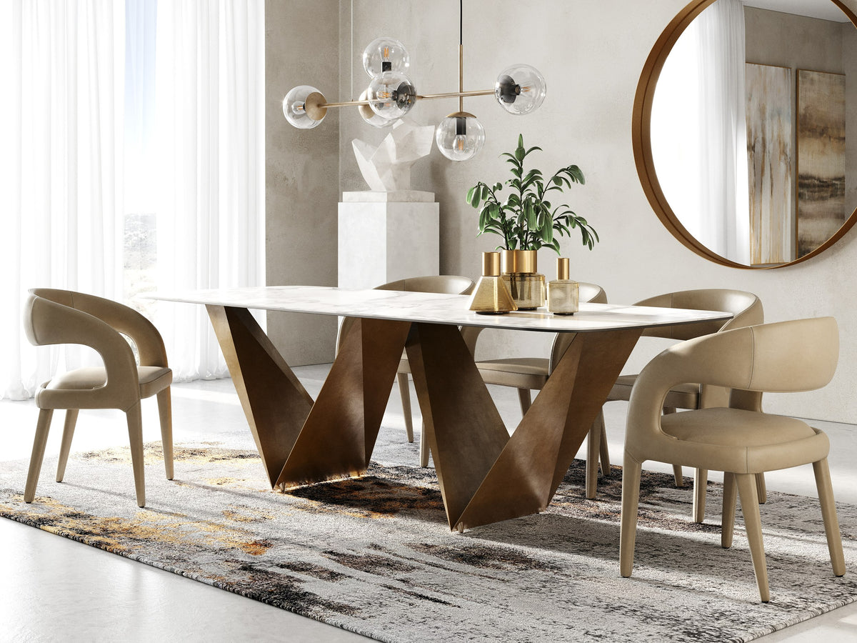 Melanie Modern White Ceramic & Brushed Brown Dining Table