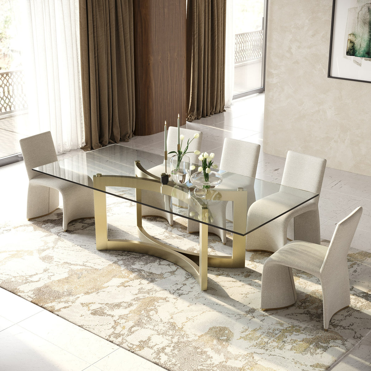 Mingus Modern Glass + Brushed Brass Rectangualr Dining Table