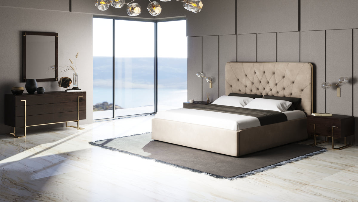 Moontide Glam Beige Velvet and Brushed Brass EK Bedroom Set