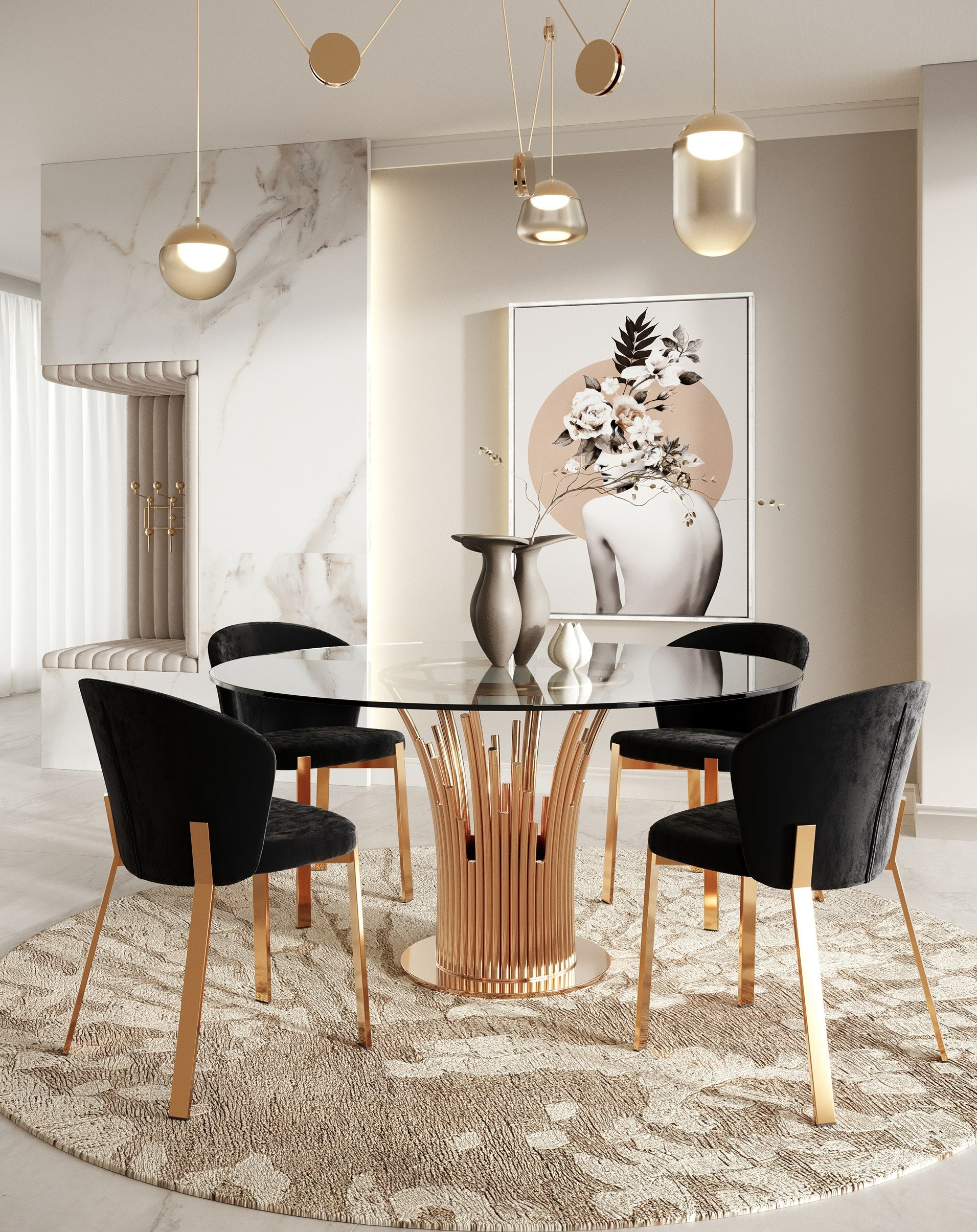 Paxton Modern Round Glass & Rosegold Dining Table