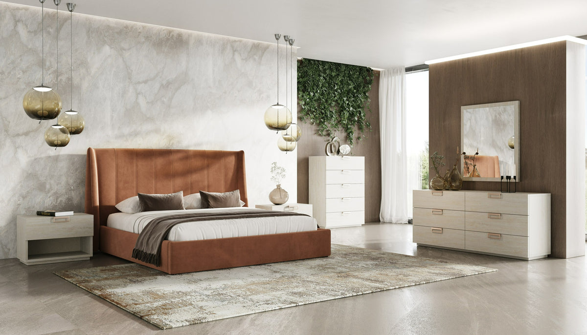 Roma + Lago Modern Burnt Orange Velvet + Faux Travertine Bed + Nightstands Set