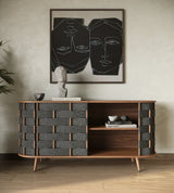 Sheridan Mid-Century Modern Grey Fabric + Walnut Buffet