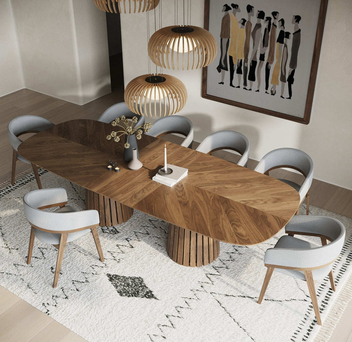 Truman Mid-Century Modern Walnut Extendable Dining Table + 10 Chairs Set
