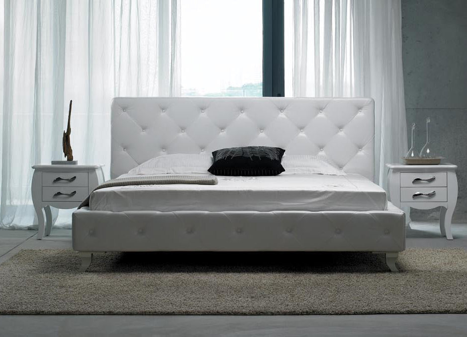 Queen Monte Carlo Modern White Leatherette Bed with Crystals