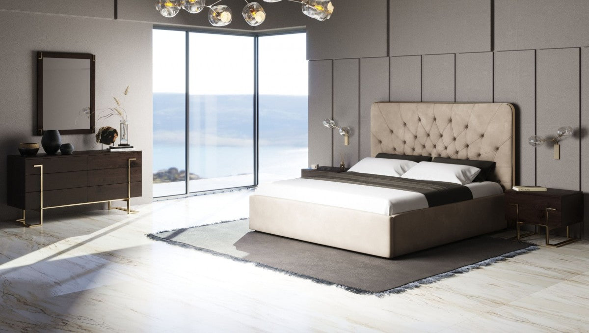 Moontide Glam Beige Velvet and Brushed Brass Bedroom Set