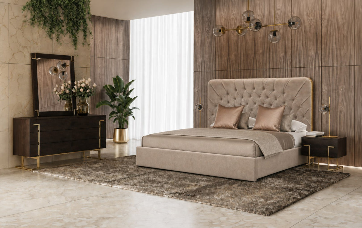 Moontide Glam Beige Velvet and Brushed Brass Bedroom Set