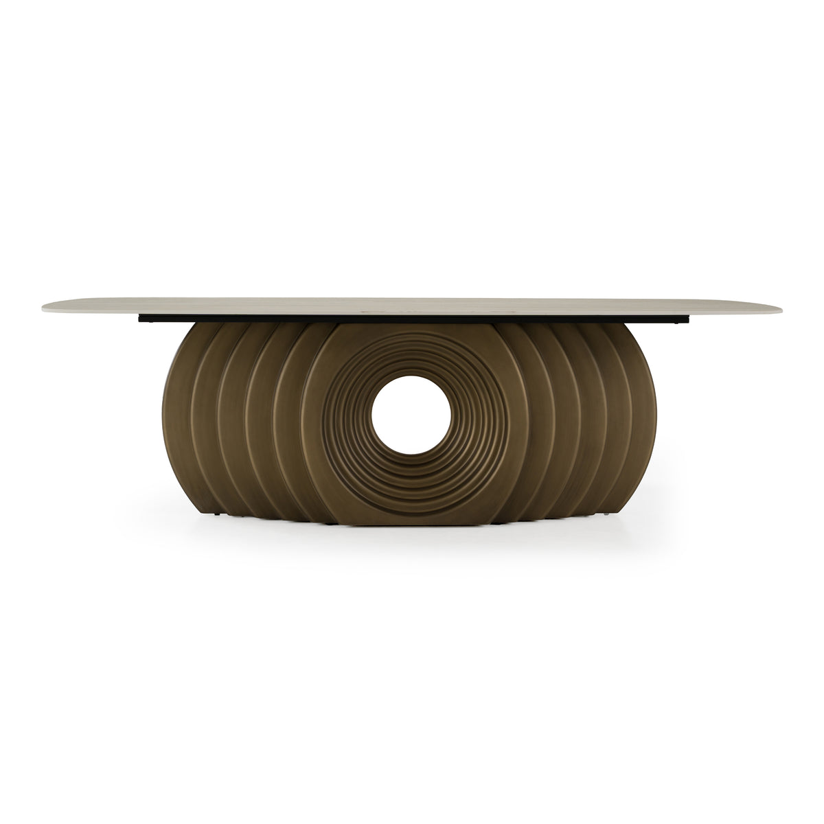 Moorgate Modern Travertine Ceramic + Bronze Dining Table