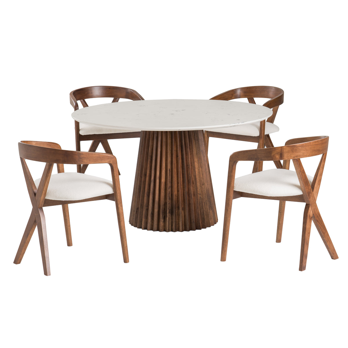 Nancy Mid-Century Modern White Marble + Walnut Round Dining Table