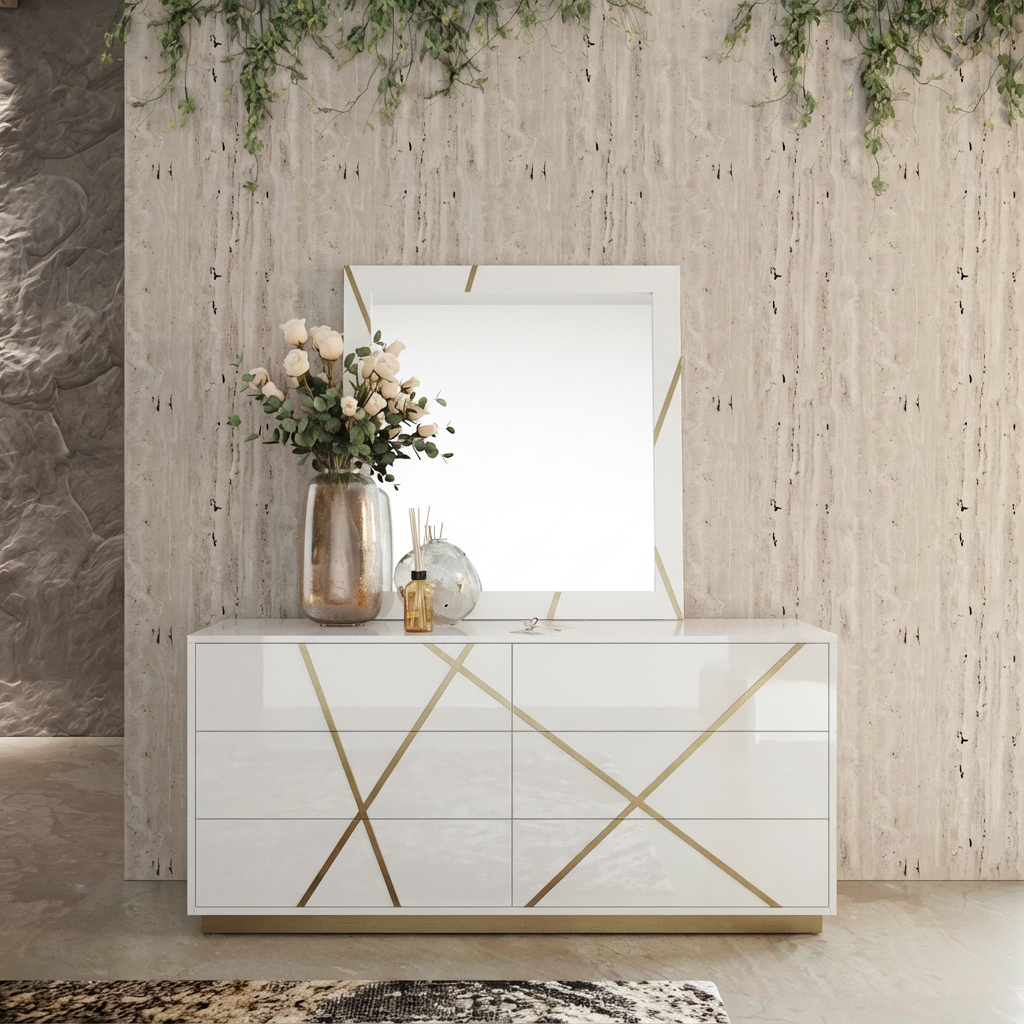 Nixa Modern Wide White and Gold Dresser