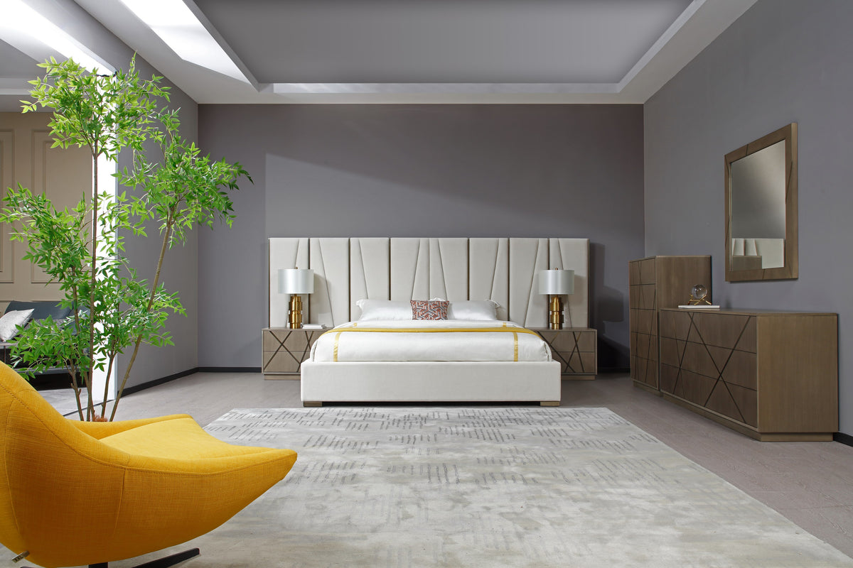 Nixa Modern Beige Velvet + Brushed Bronze + Birch Bedroom Set-queen