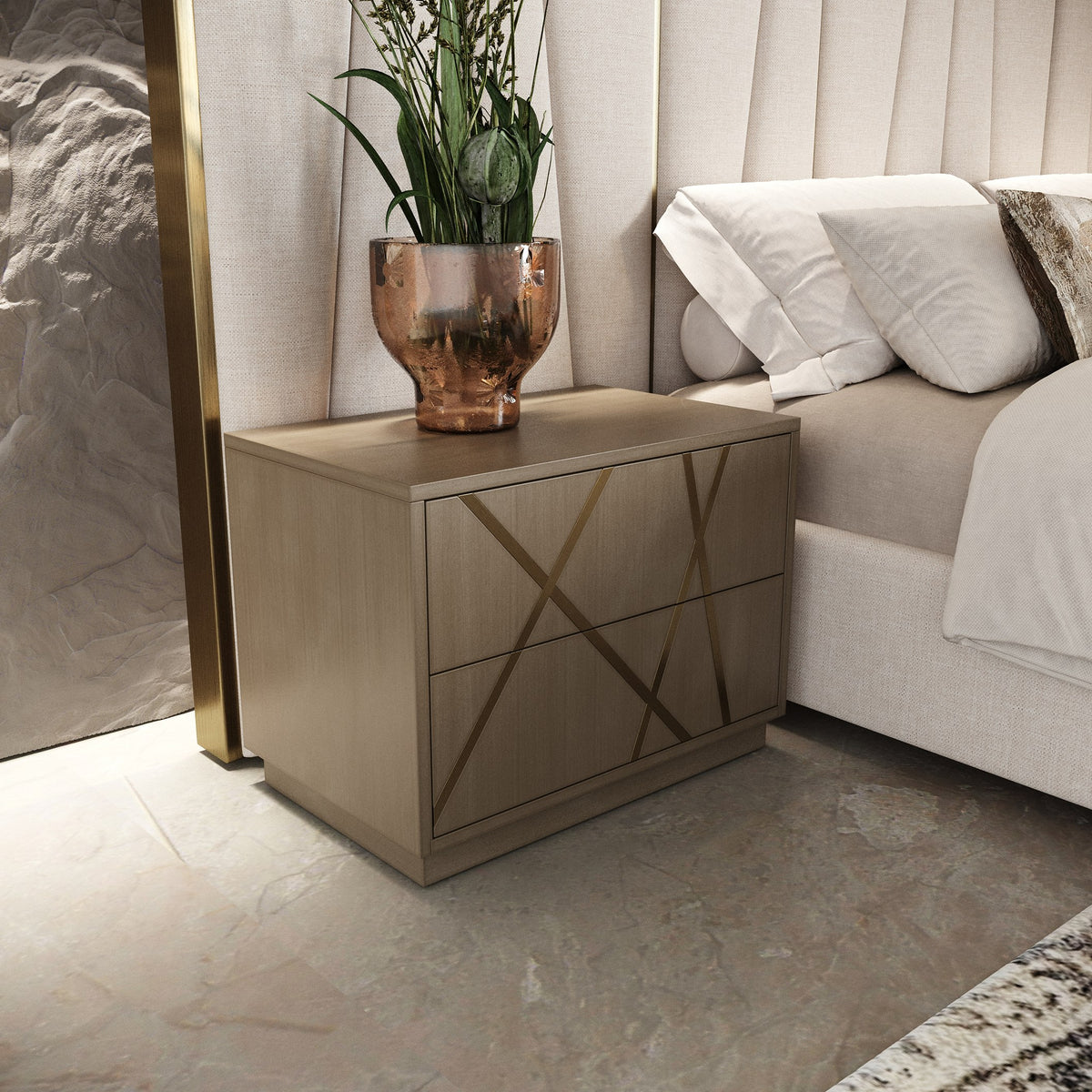 Nixa Modern Beige Velvet + Brushed Bronze + Birch Bedroom Set