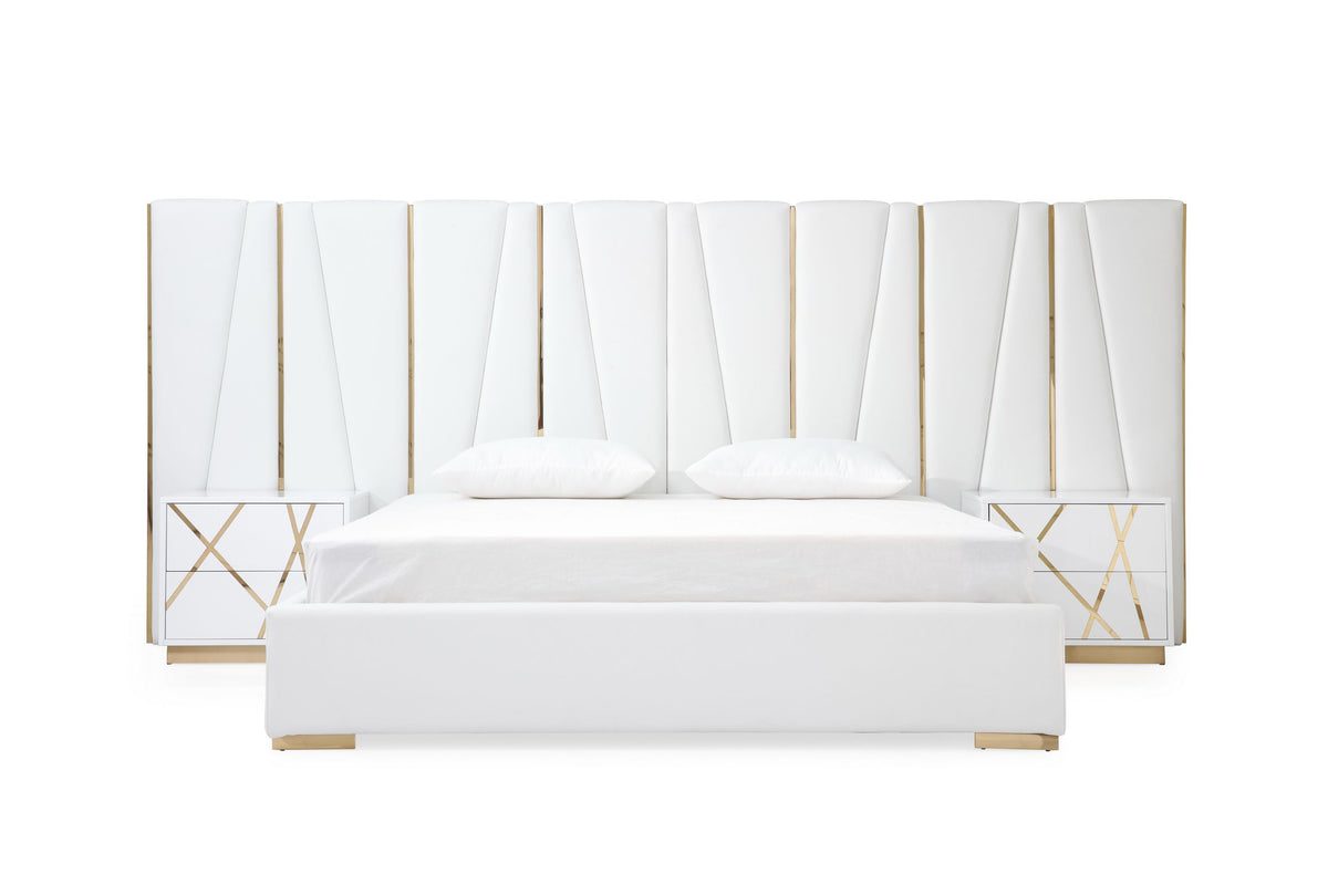 Nixa California King Modern White + Gold Bed + Nightstands