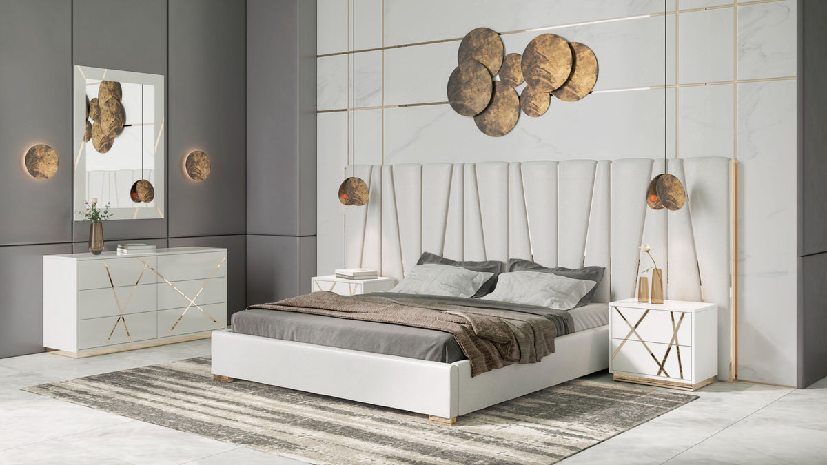 Nixa California King Modern White + Gold Bed + Nightstands