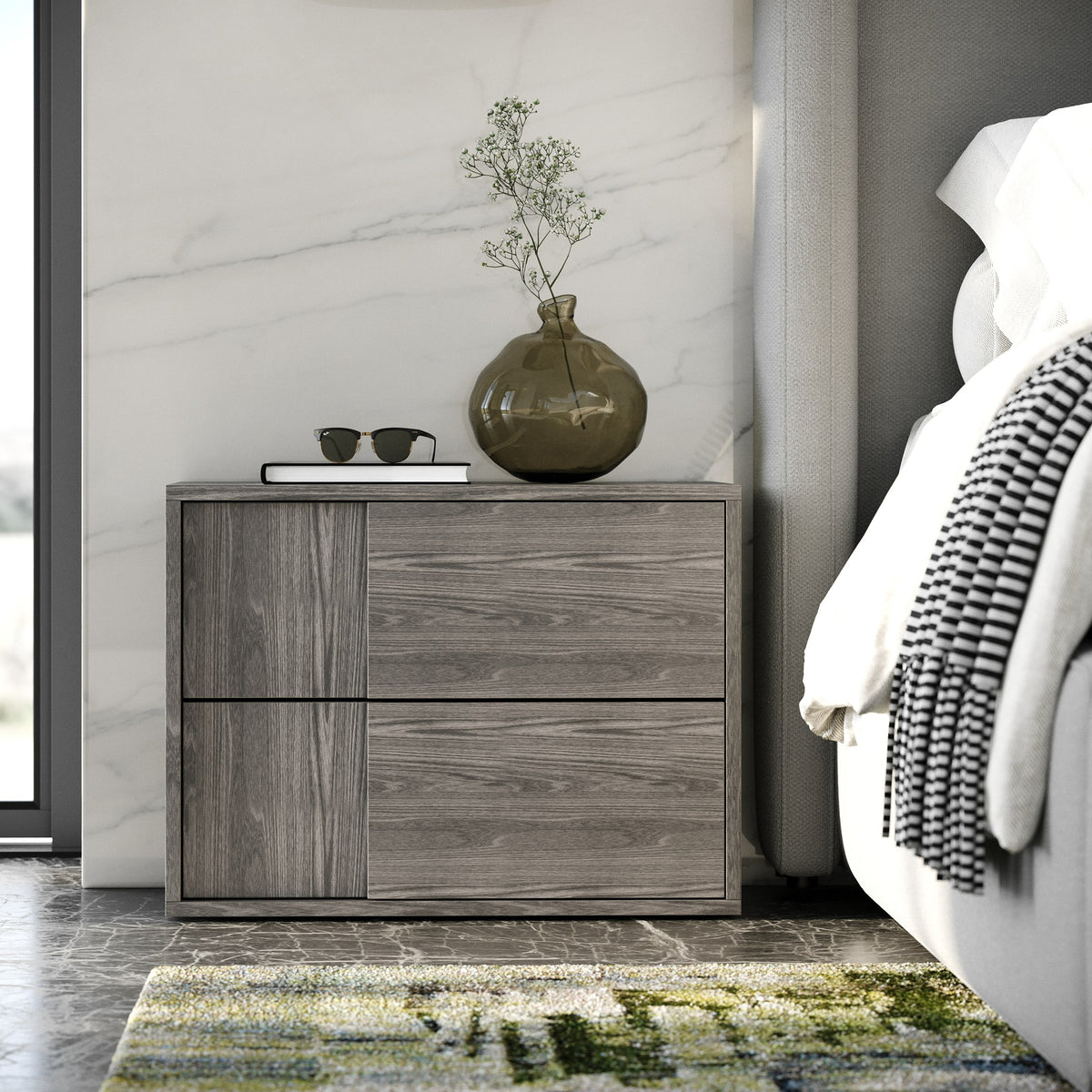 Byrne + Asus Modern Grey Fabric + Elm Grey Bed & 2 Nightstands