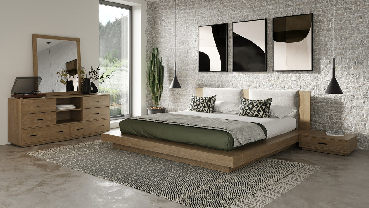 Fantasia Contemporary Walnut & Grey Bed with Two Nightstands