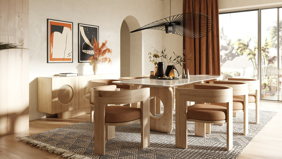 Osaka Modern Faux Marble + Natural Ash Dining Table