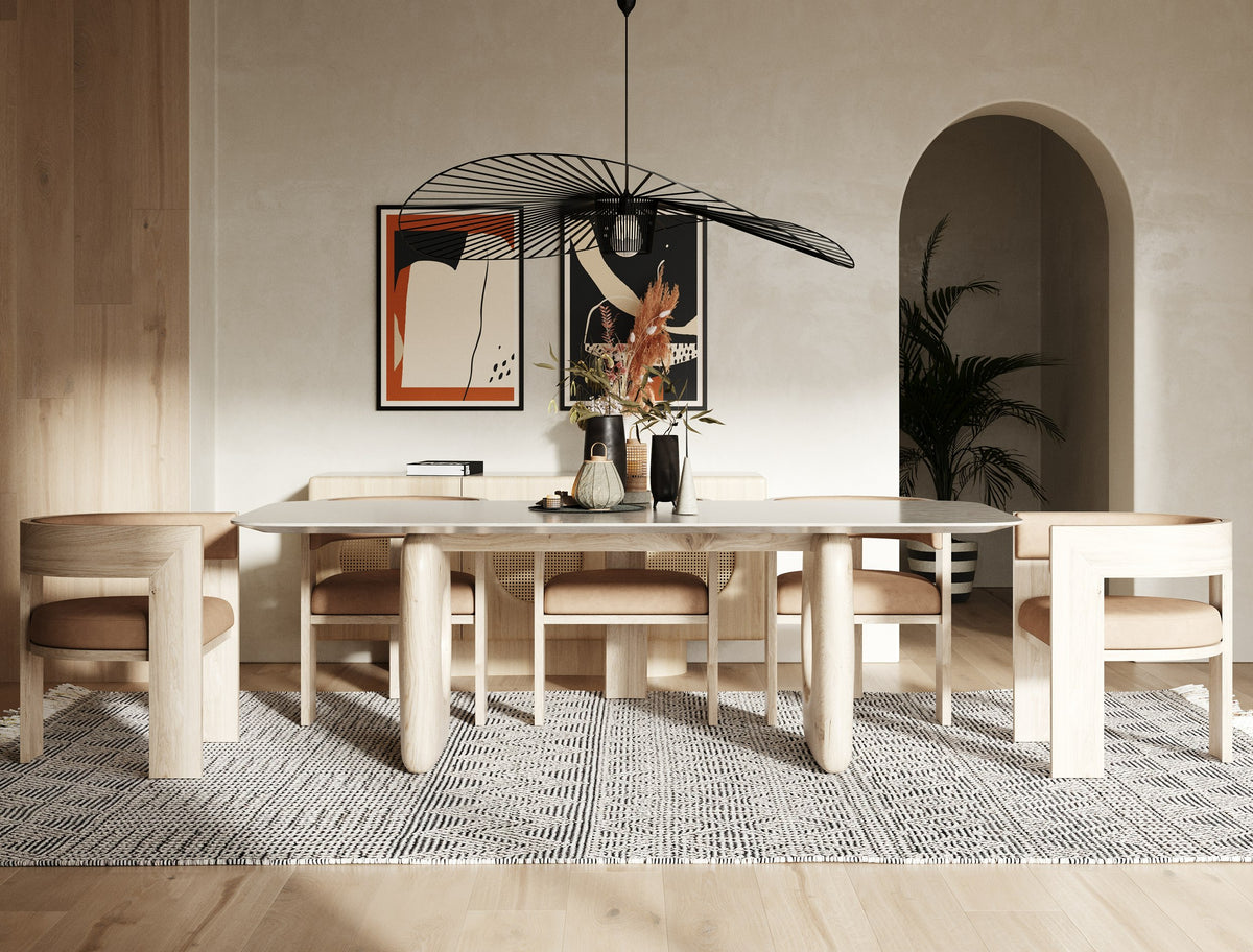 Osaka Modern Faux Marble + Natural Ash Dining Table