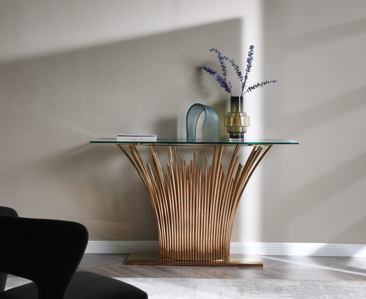 Paxton Modern Glass + Rosegold Console Table