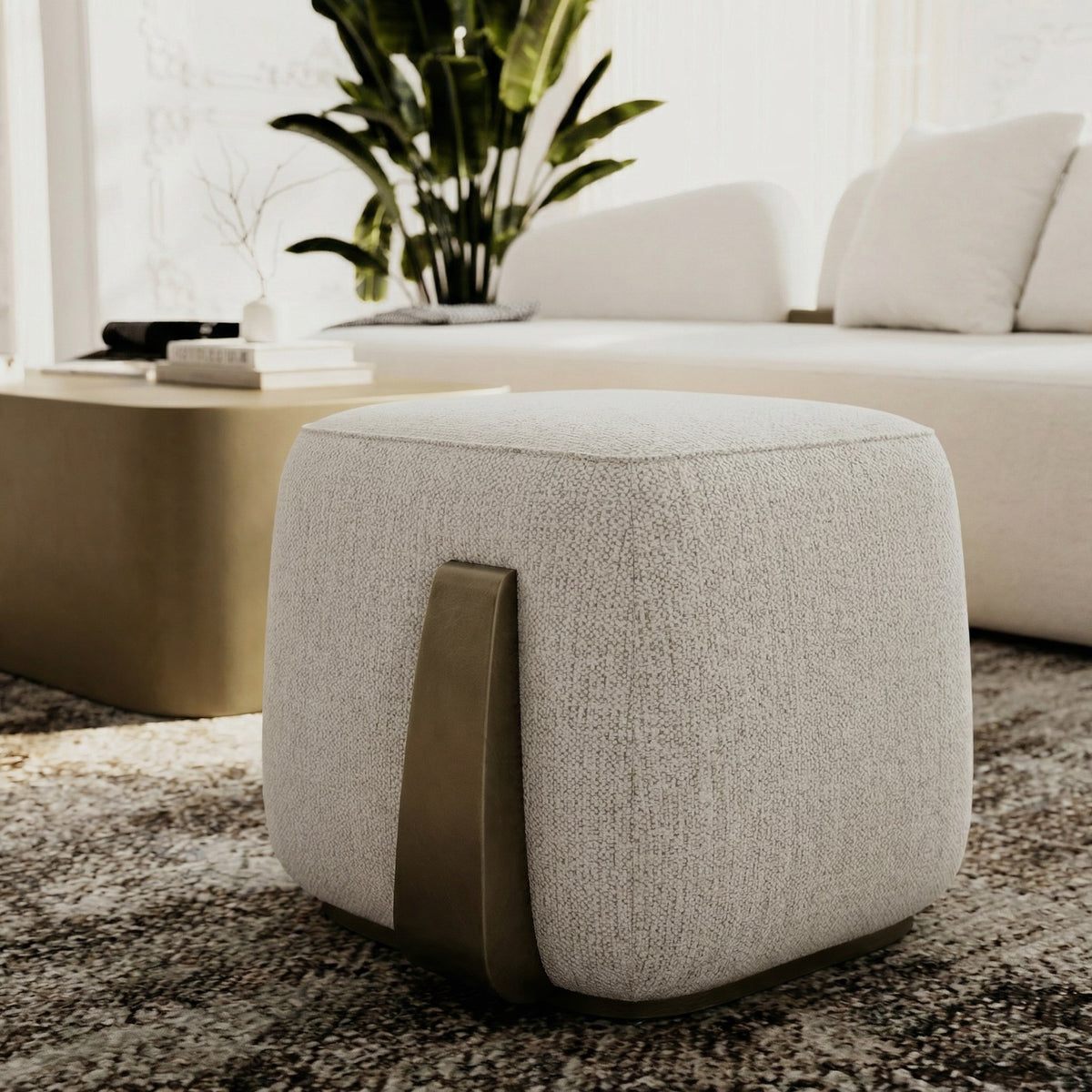 Rainier Contemporary Off-White Fabric + Antique Brass Ottoman