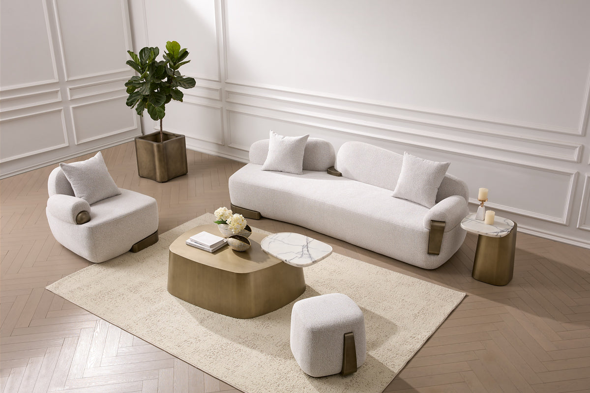 Rainier Contemporary Off-White Fabric + Antique Brass Ottoman
