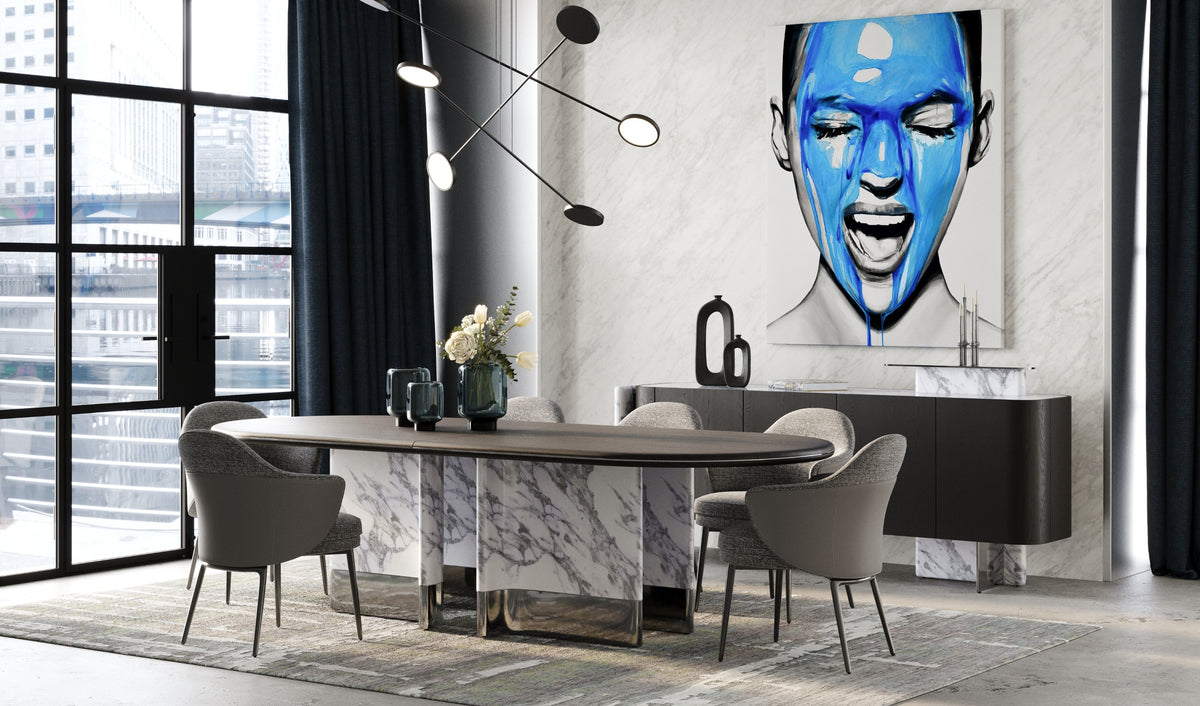 Renfew Modern Black Oak + Faux Marble Oval Dining Table