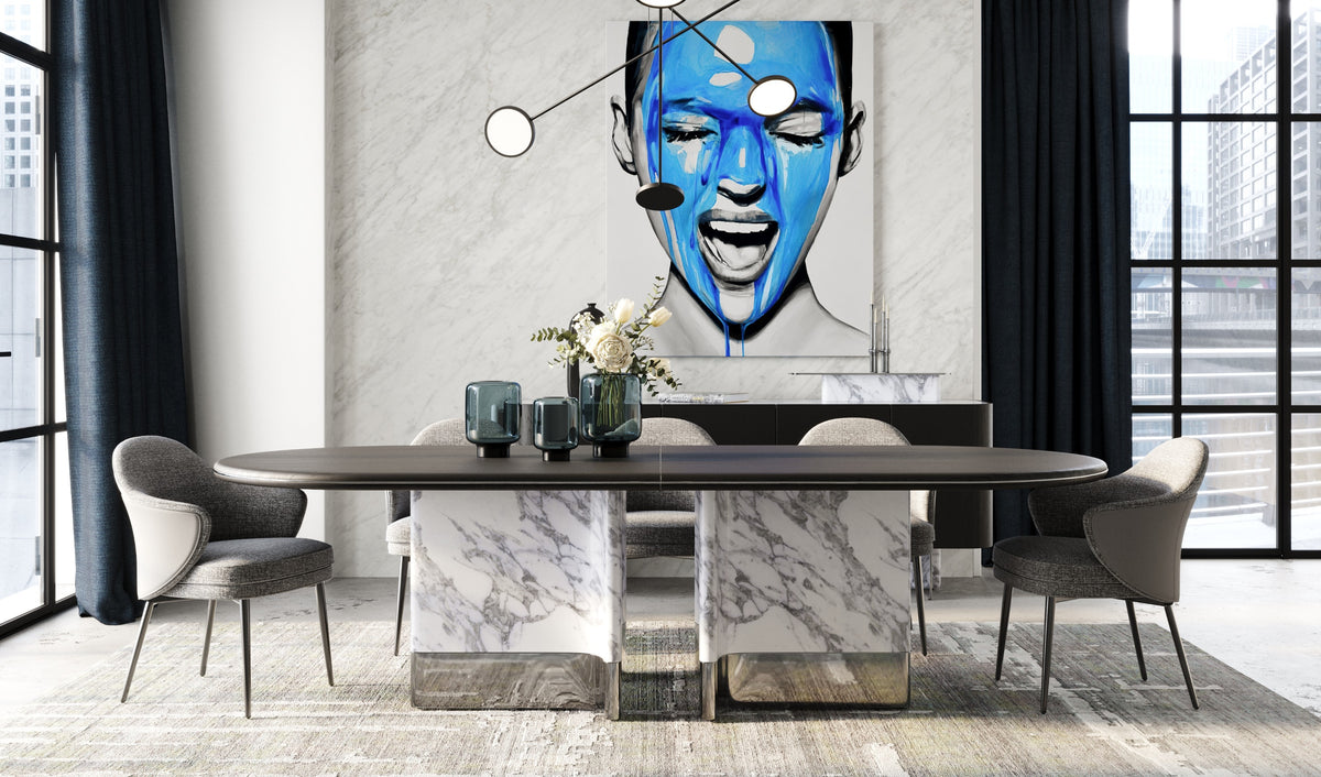 Renfew Modern Black Oak + Faux Marble Oval Dining Table