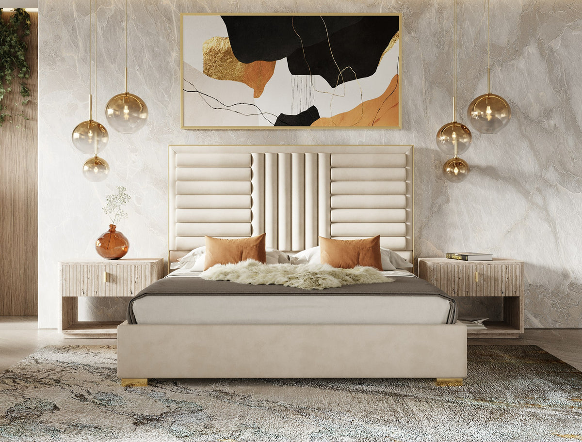 Queen Daystar + Roma Modern Beige Velvet + Travertine + Gold Bedroom Set