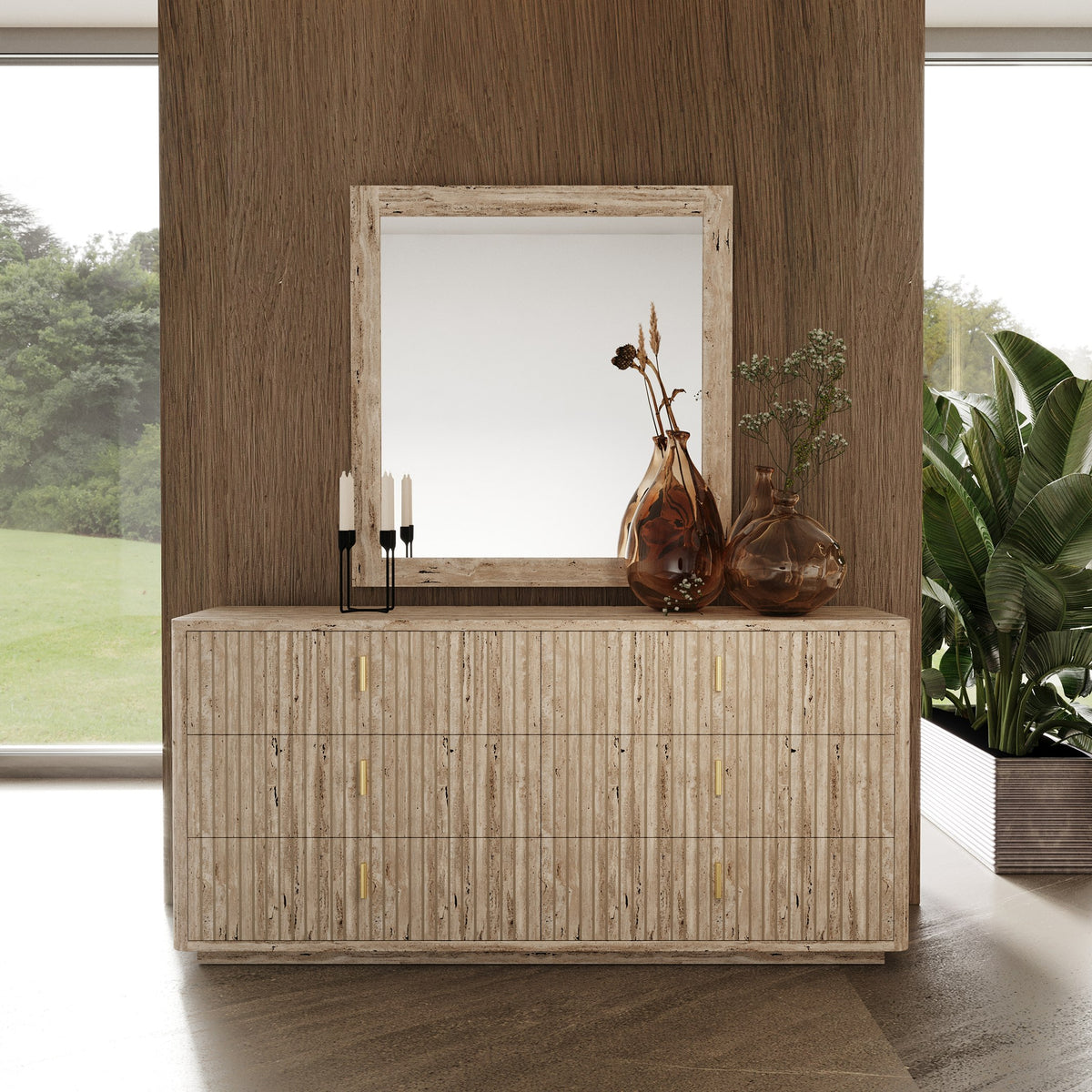 Daystar + Roma Modern Beige Velvet + Travertine + Gold Bedroom Set