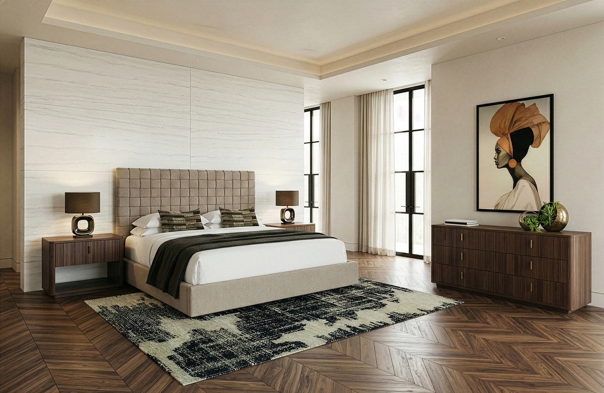Eastern King Rousey + Roma Modern Taupe Fabric + Walnut 4-Piece Bedroom Set
