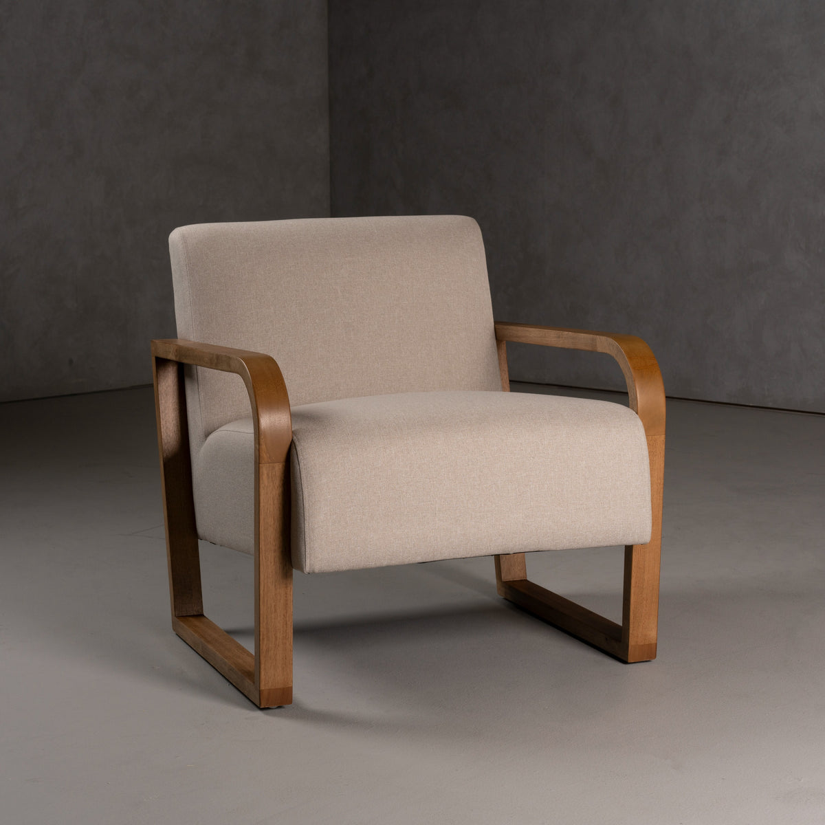 Sada Mid-Century Modern Beige Linen + Chestnut Accent Chair