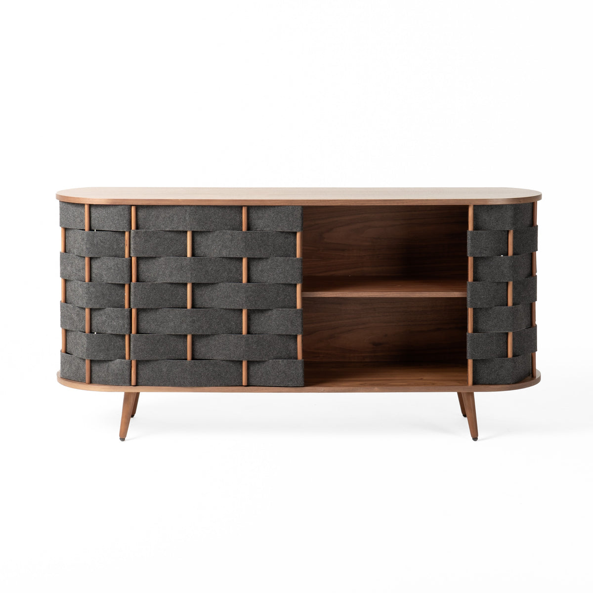 Sheridan Mid-Century Modern Grey Fabric + Walnut Buffet
