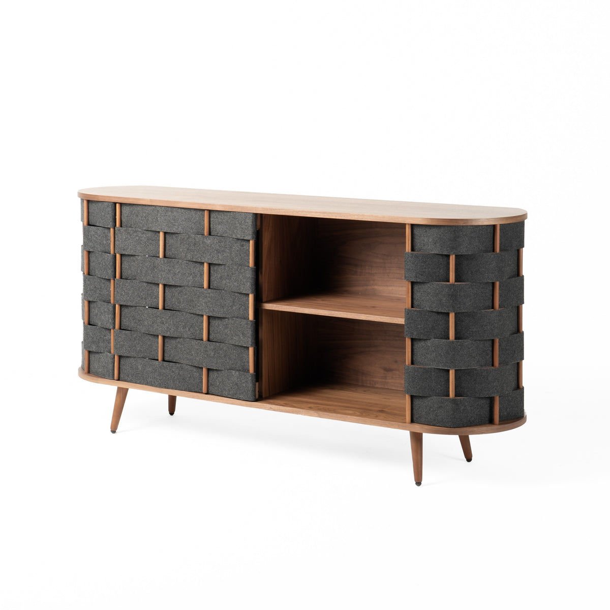 Sheridan Mid-Century Modern Grey Fabric + Walnut Buffet