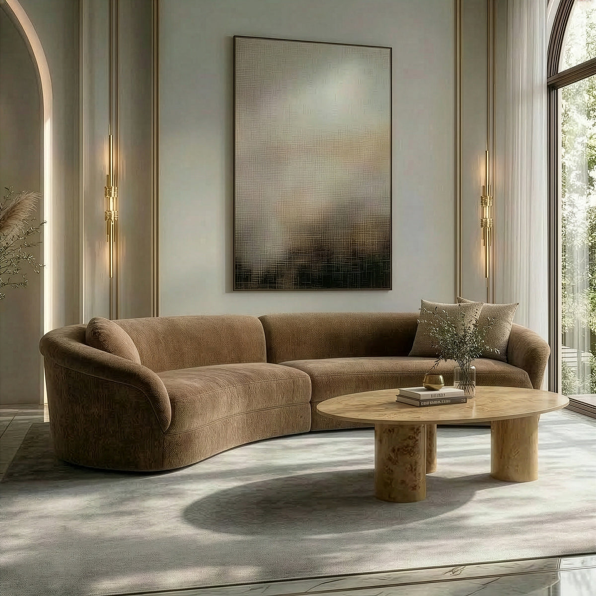 Sheth Modern Brown Fabric Curved Sectional Sofa