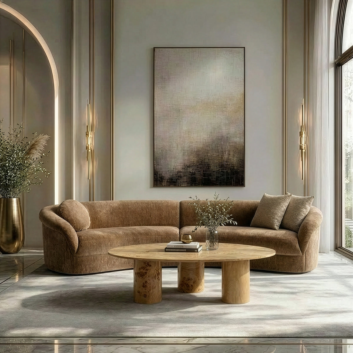 Sheth Modern Brown Fabric Curved Sectional Sofa