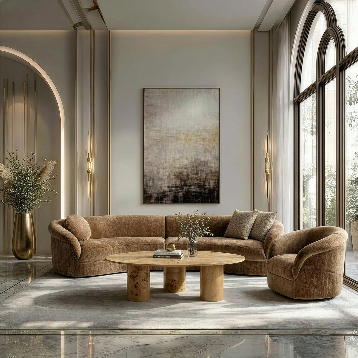 Sheth Modern Brown Fabric Curved Sectional Sofa