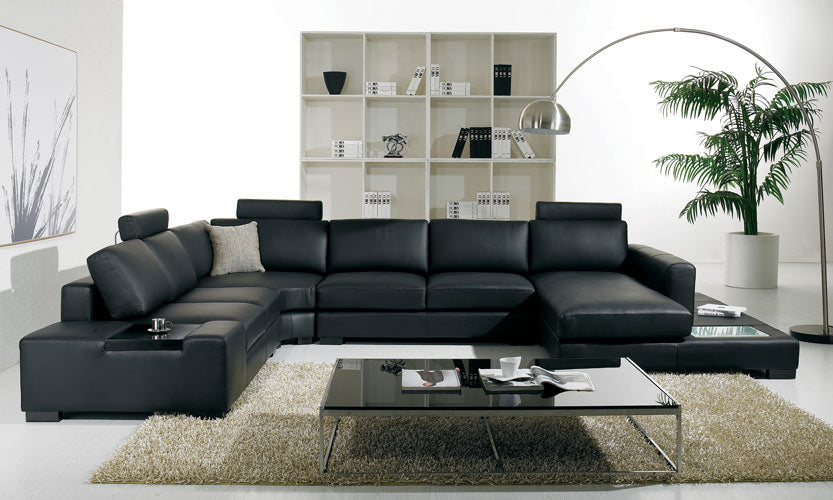 T35 Modern Black Genuine Leather Sectional Sofa with Light