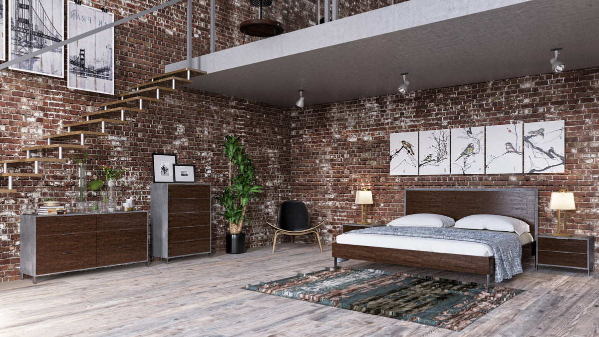 Queen Conner Modern Dark Walnut & Concrete Bedroom Set