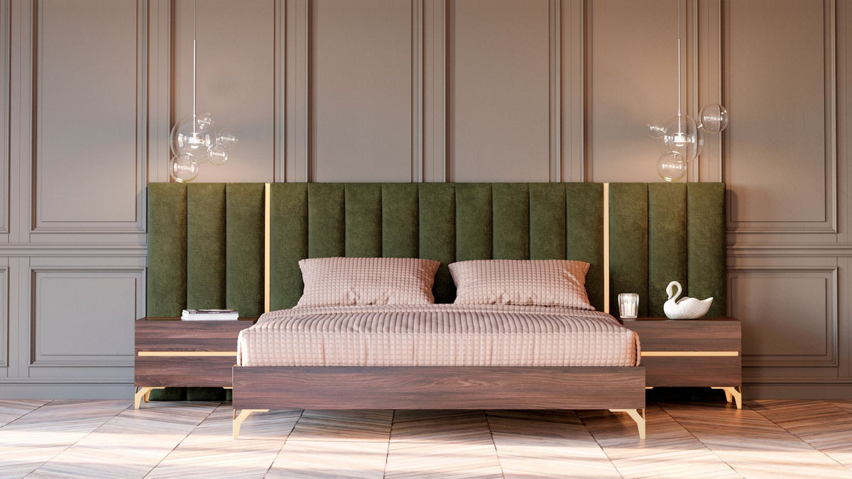 Calabria Modern Walnut & Green Velvet Bed & Nightstands