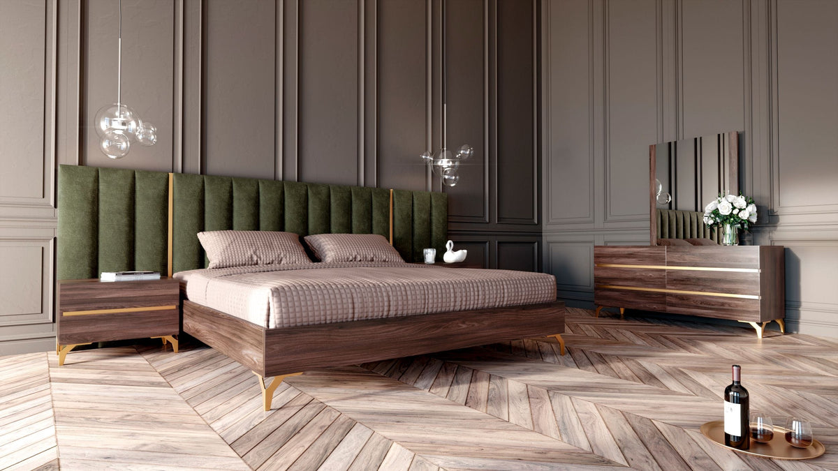 Calabria Modern Walnut & Green Velvet Bed & Nightstands