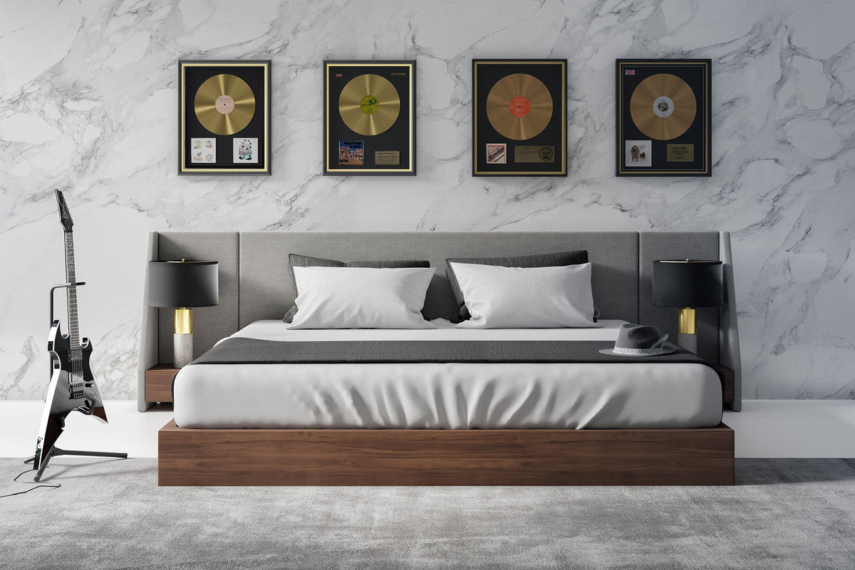 Janice Modern Grey Fabric and Walnut Bed and Nightstands