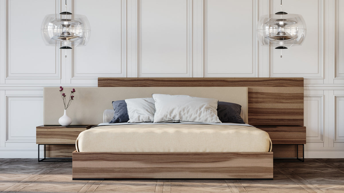 Eastern King Matteo Italian Modern Walnut & Fabric Bed + 2 Nightstands + Dresser Set