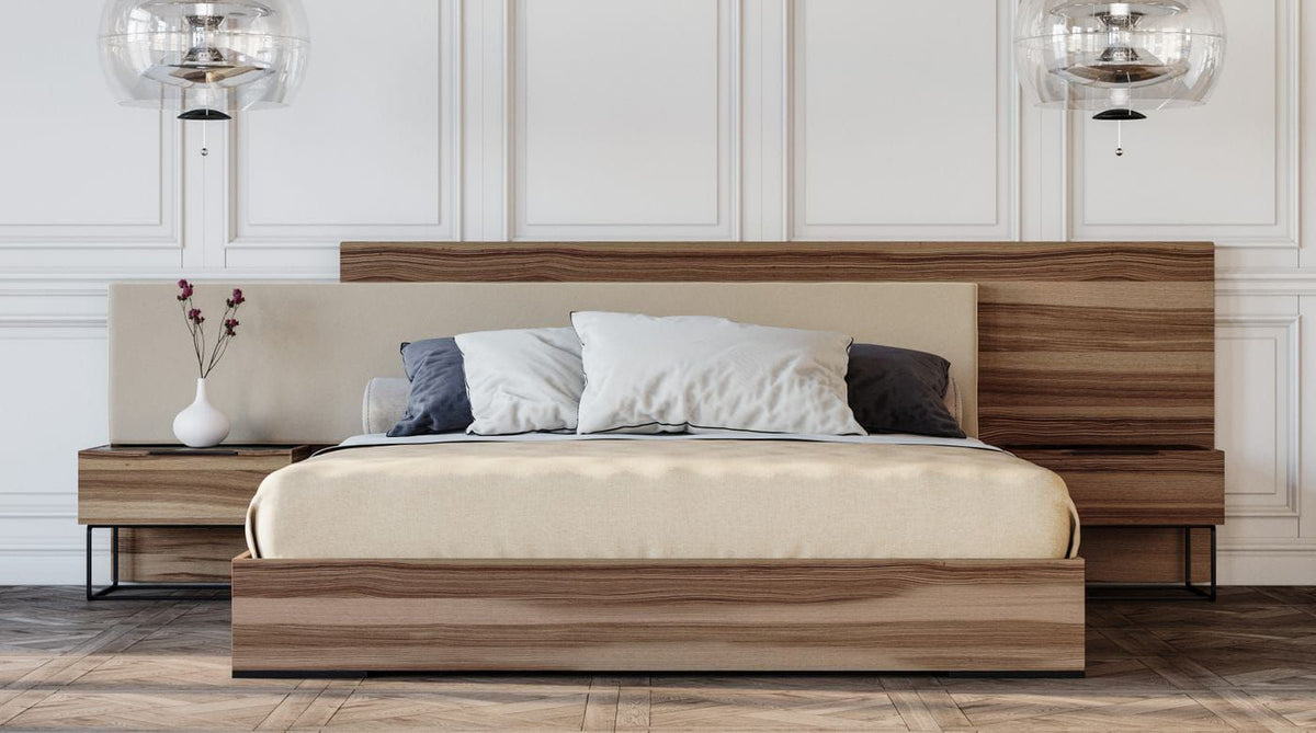 Queen Matteo Italian Modern Walnut & Fabric Bed + 2 Nightstands + Dresser Set