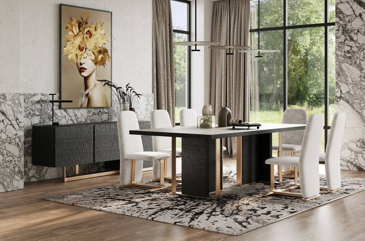 Tasha Modern Black Ash + Brushed Gold Rectangular Dining Table