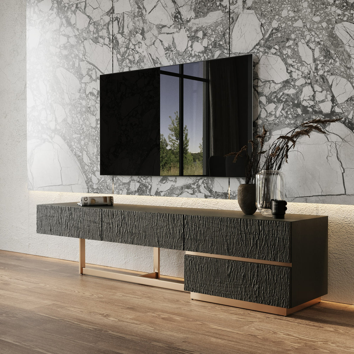 Tasha Modern Black Ash + Brushed Gold TV Stand