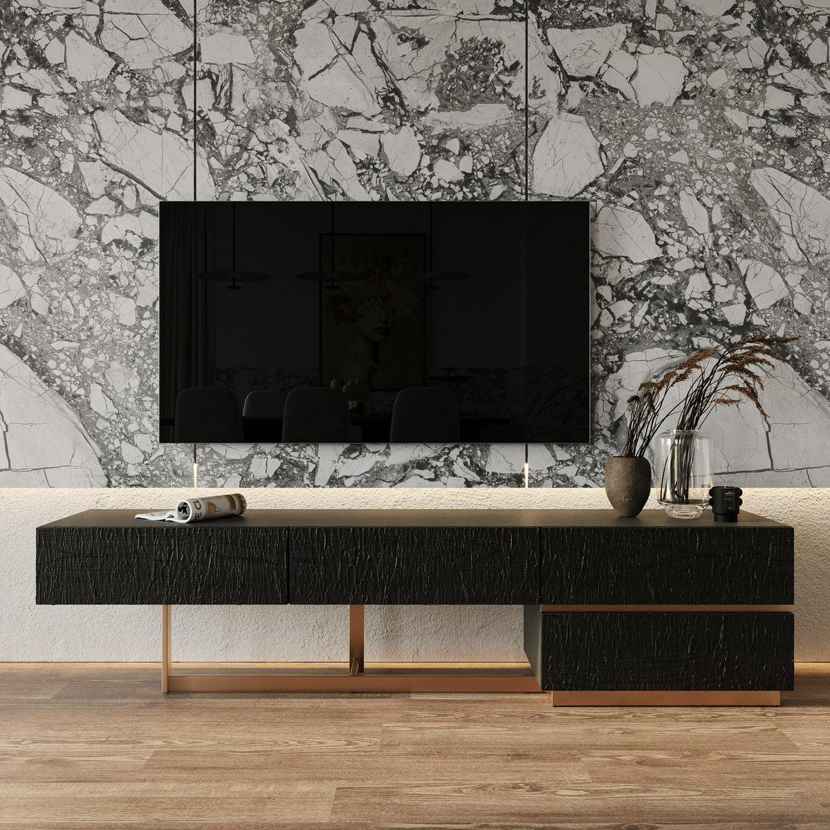Tasha Modern Black Ash + Brushed Gold TV Stand