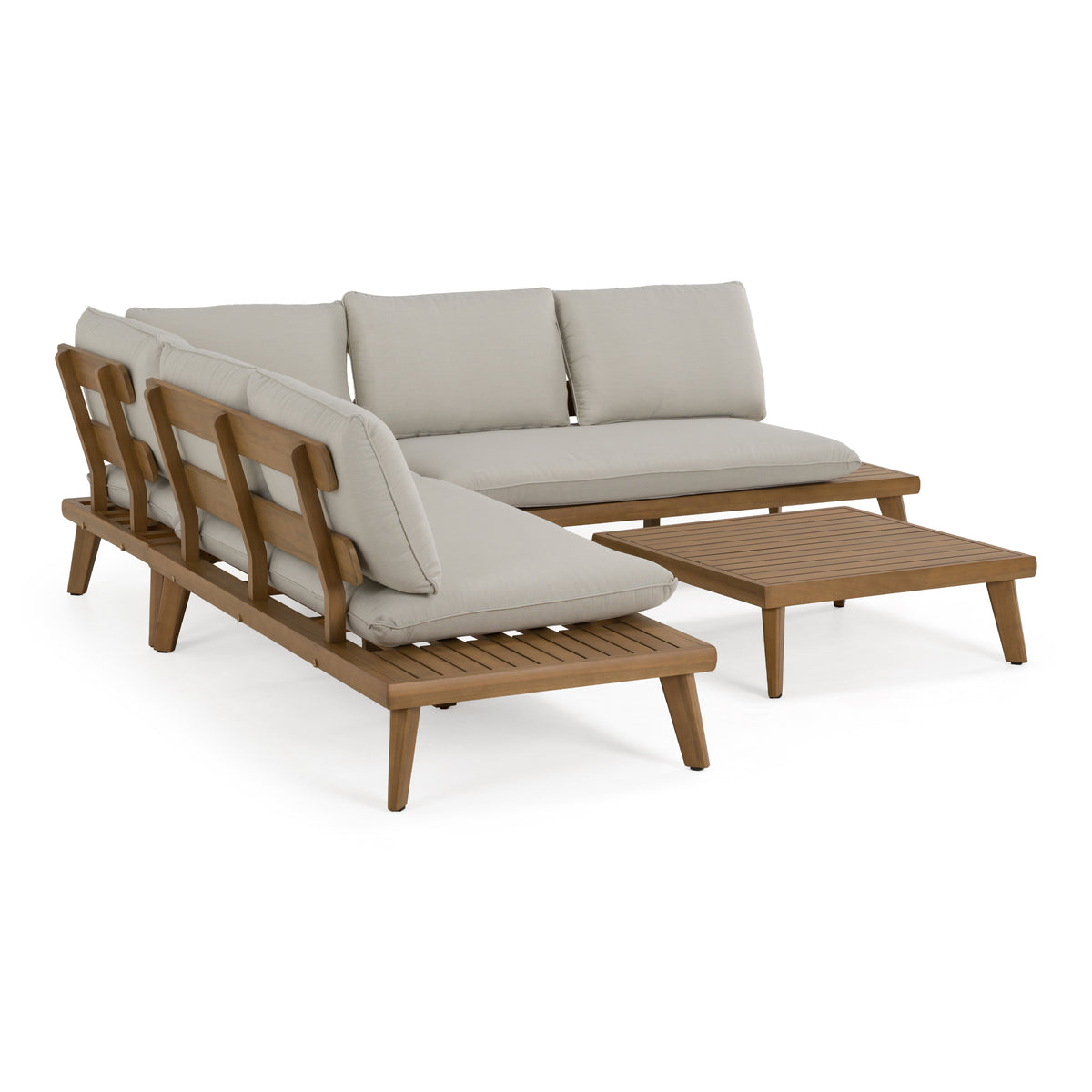 Tavira Outdoor Off-White Fabric + Eucalyptus Sectional Sofa + Coffee Table Set