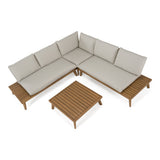 Tavira Outdoor Off-White Fabric + Eucalyptus Sectional Sofa + Coffee Table Set