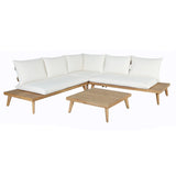 Tavira Outdoor Off-White Fabric + Eucalyptus Sectional Sofa + Coffee Table Set